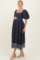 Navy Floral Embroidery Puff Sleeve Maternity Midi  Dress