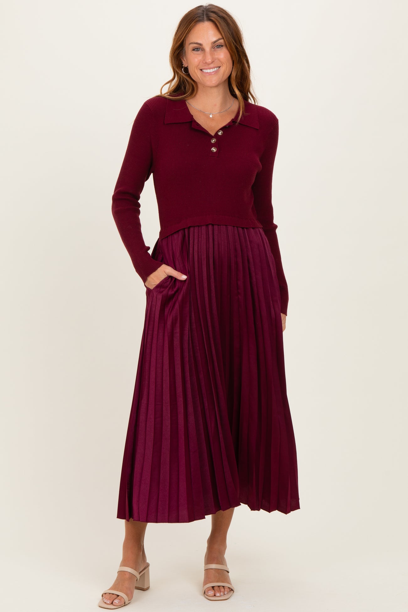 Burgundy Collared Knit Contrast Pleated Skirt Maternity Midi Dress
