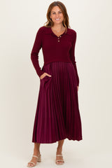 Burgundy Collared Knit Contrast Pleated Skirt Maternity Midi Dress