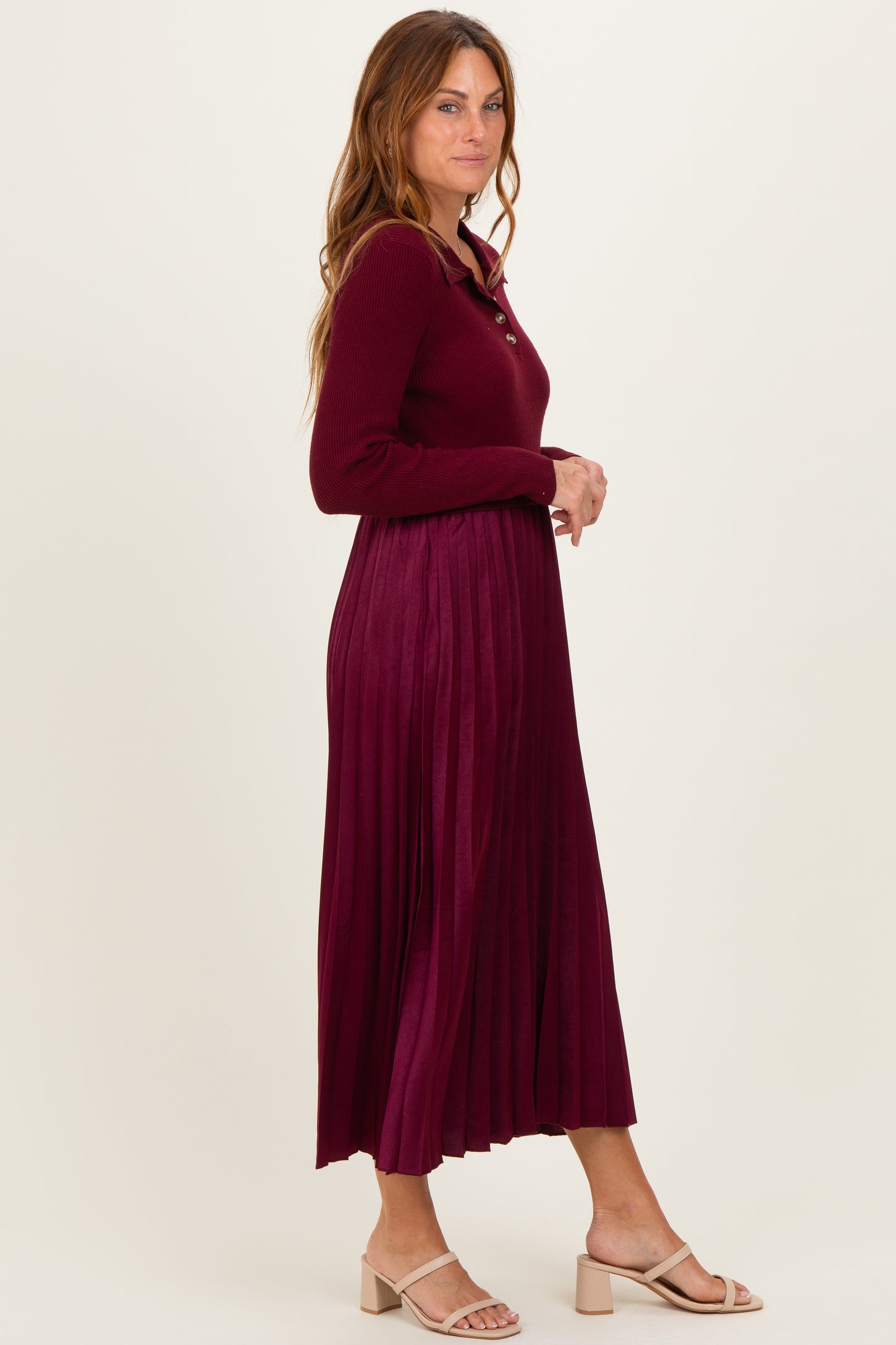 Burgundy Collared Knit Contrast Pleated Skirt Midi Dress – PinkBlush