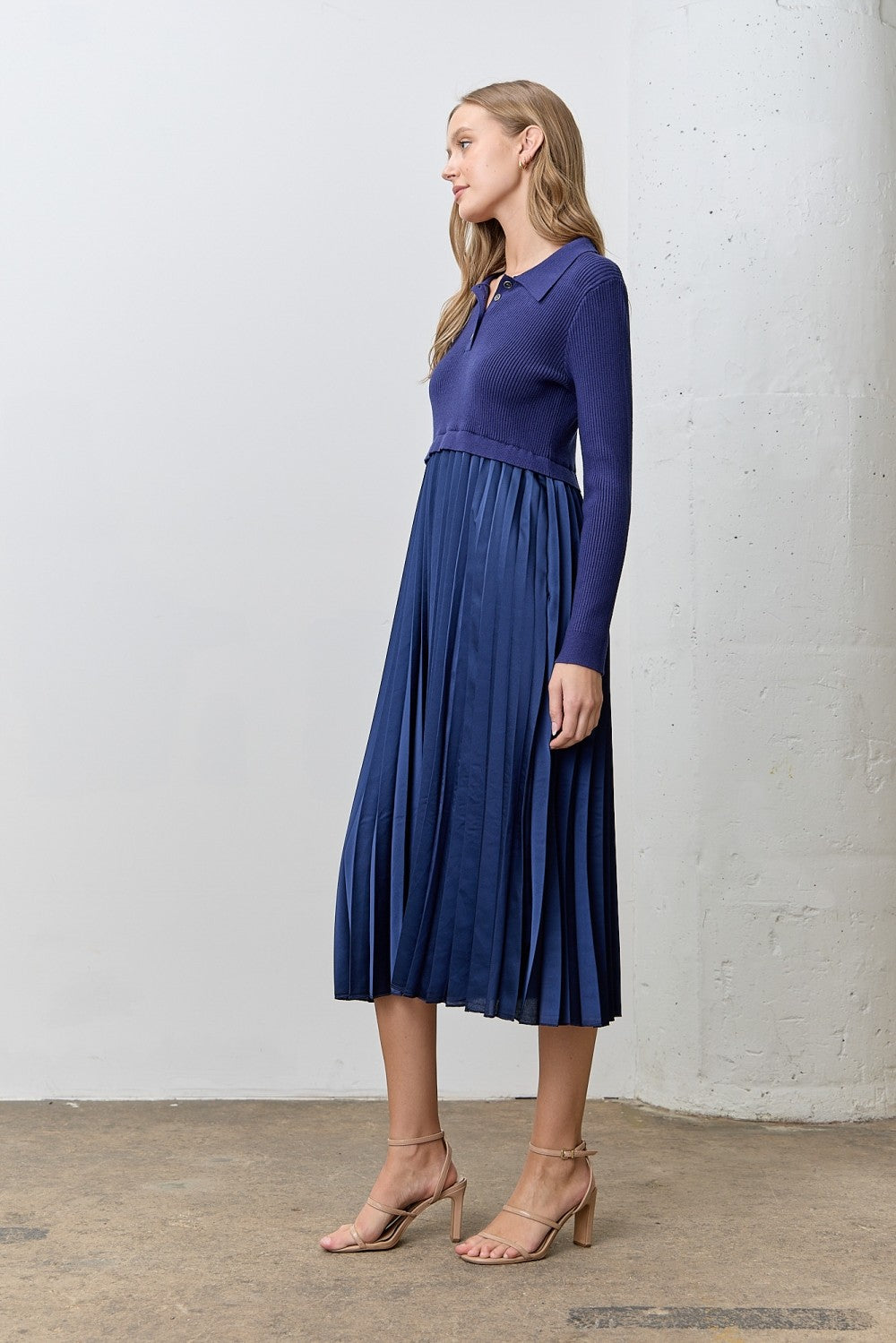 Navy Collared Knit Contrast Pleated Skirt Midi Dress – PinkBlush