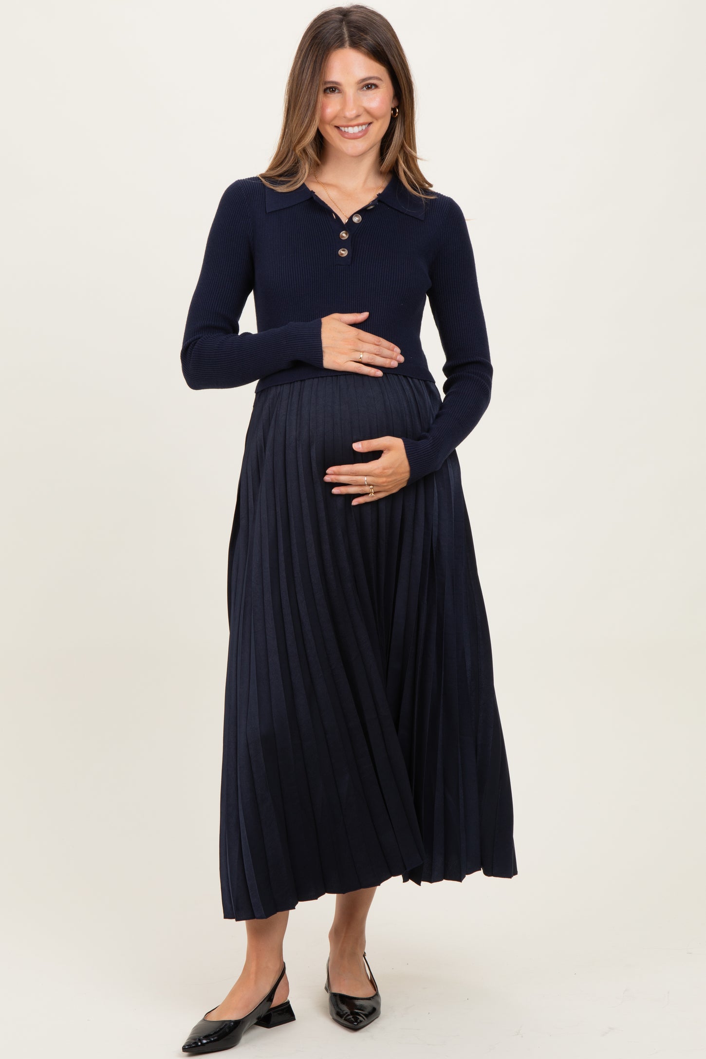 Navy Collared Knit Contrast Pleated Skirt Maternity Midi Dress