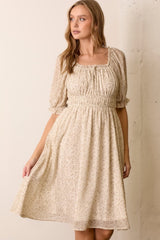 Cream Floral Square Neck Ruffle Accent Midi Dress