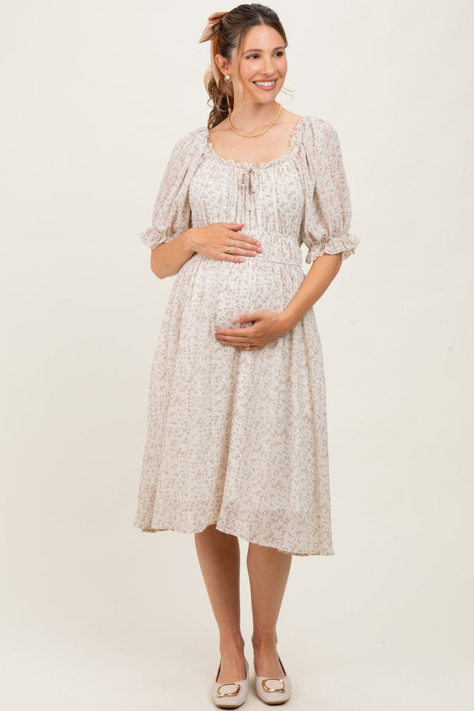 Cream Floral Square Neck Ruffle Accent Maternity Midi Dress
