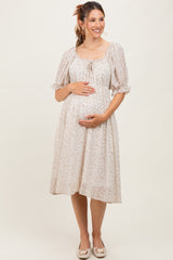 Cream Floral Square Neck Ruffle Accent Maternity Midi Dress