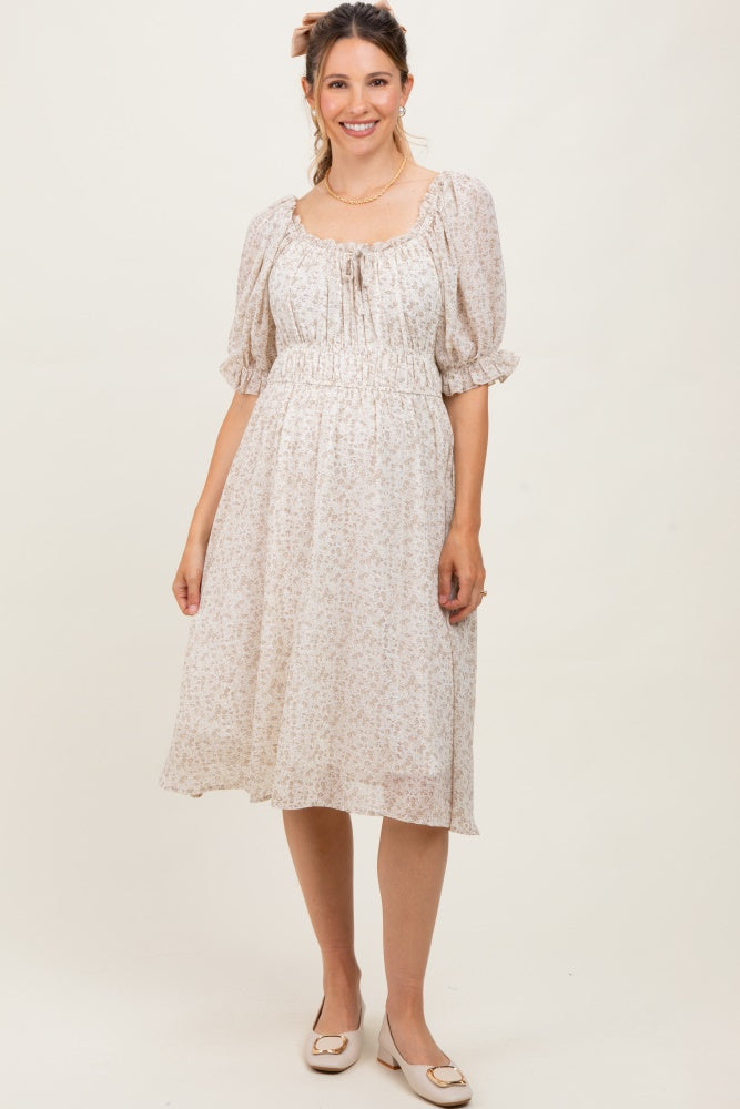 Cream Floral Square Neck Ruffle Accent Maternity Midi Dress