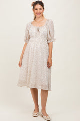 Cream Floral Square Neck Ruffle Accent Maternity Midi Dress