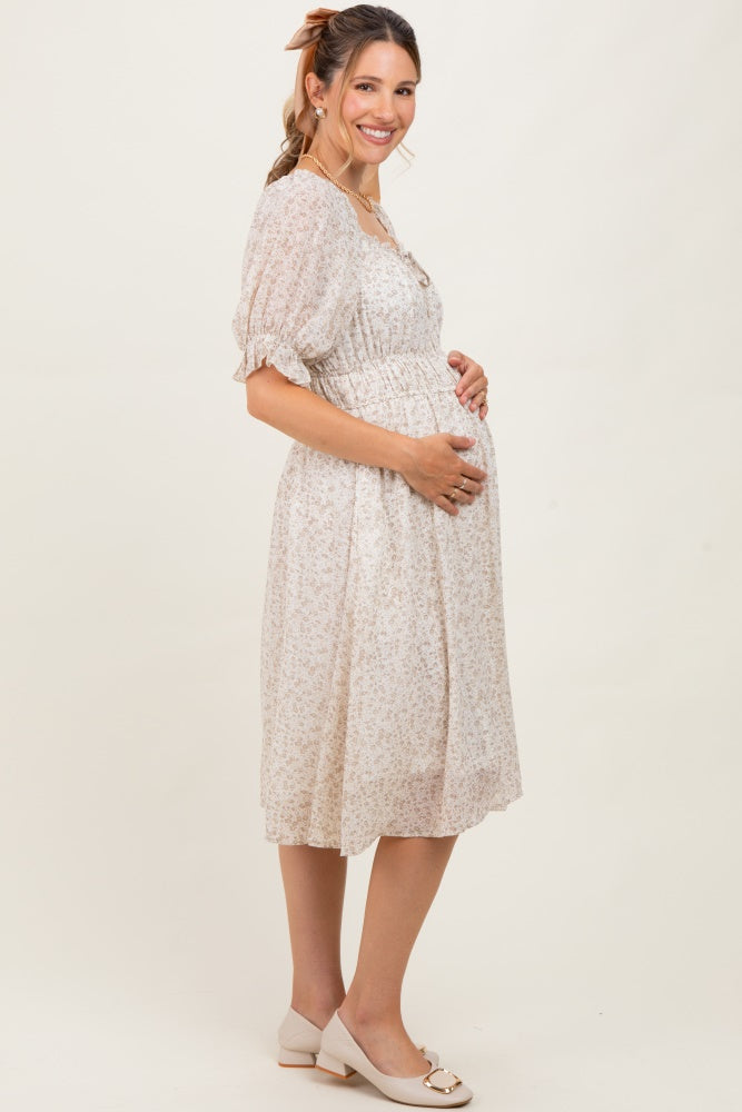 Cream Floral Square Neck Ruffle Accent Maternity Midi Dress