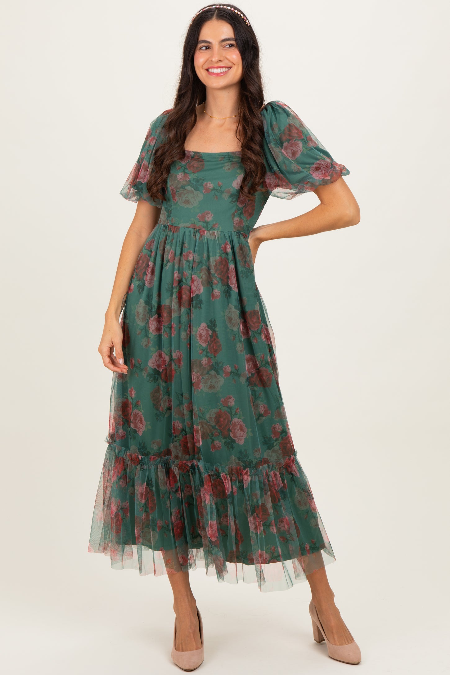 Forest Green Rose Print Tulle Overlay Maternity Midi Dress
