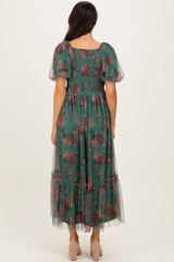 Forest Green Rose Print Tulle Overlay Midi Dress