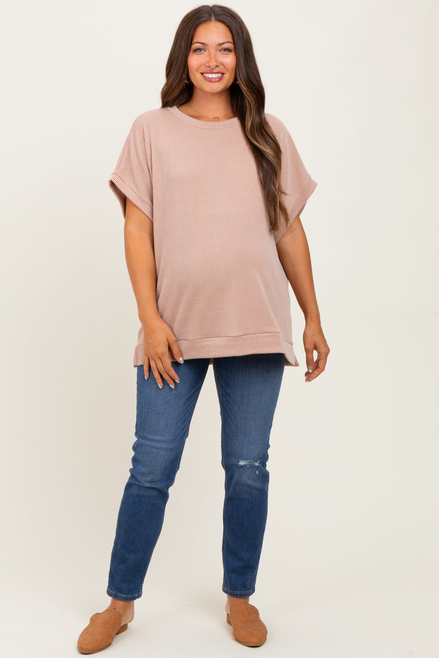 Mocha Solid Ribbed Short Sleeve Oversized Maternity Tunic Top