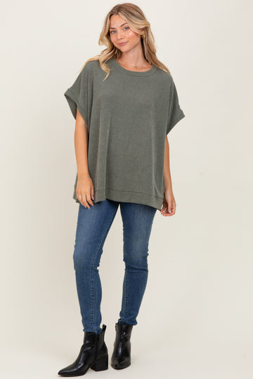 Olive Solid Ribbed Short Sleeve Oversized Tunic Top