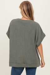 Olive Solid Ribbed Short Sleeve Oversized Tunic Top