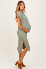 Olive Ribbed Short Sleeve Maternity Midi Dress