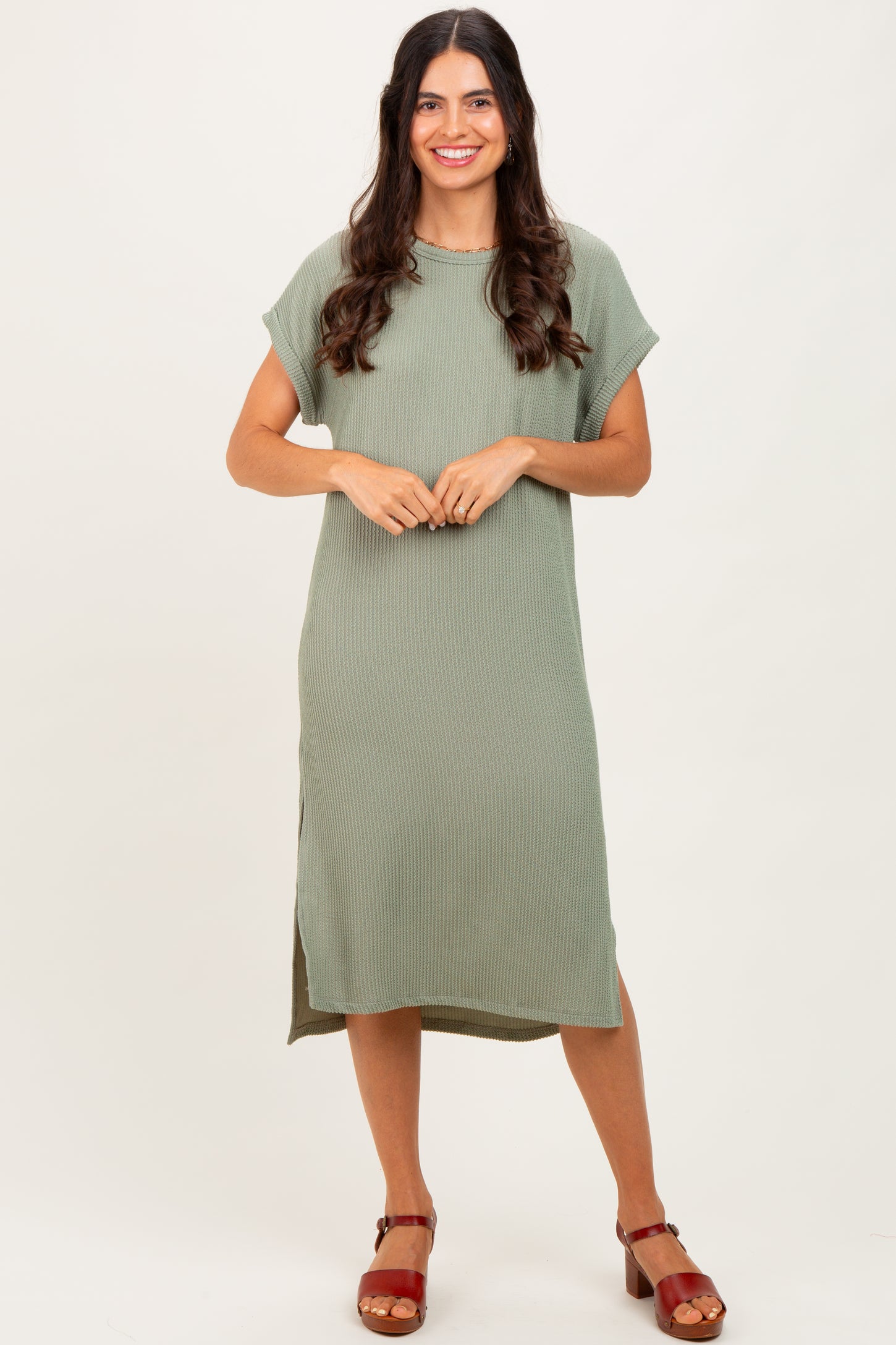 ribbed midi dress short sleeve Nichelle Short Sleeve Collared Knit Midi Dress / Natural | MESHKI