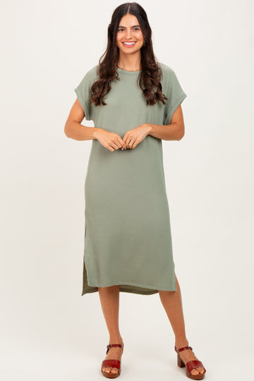 Olive Ribbed Short Sleeve Midi Dress