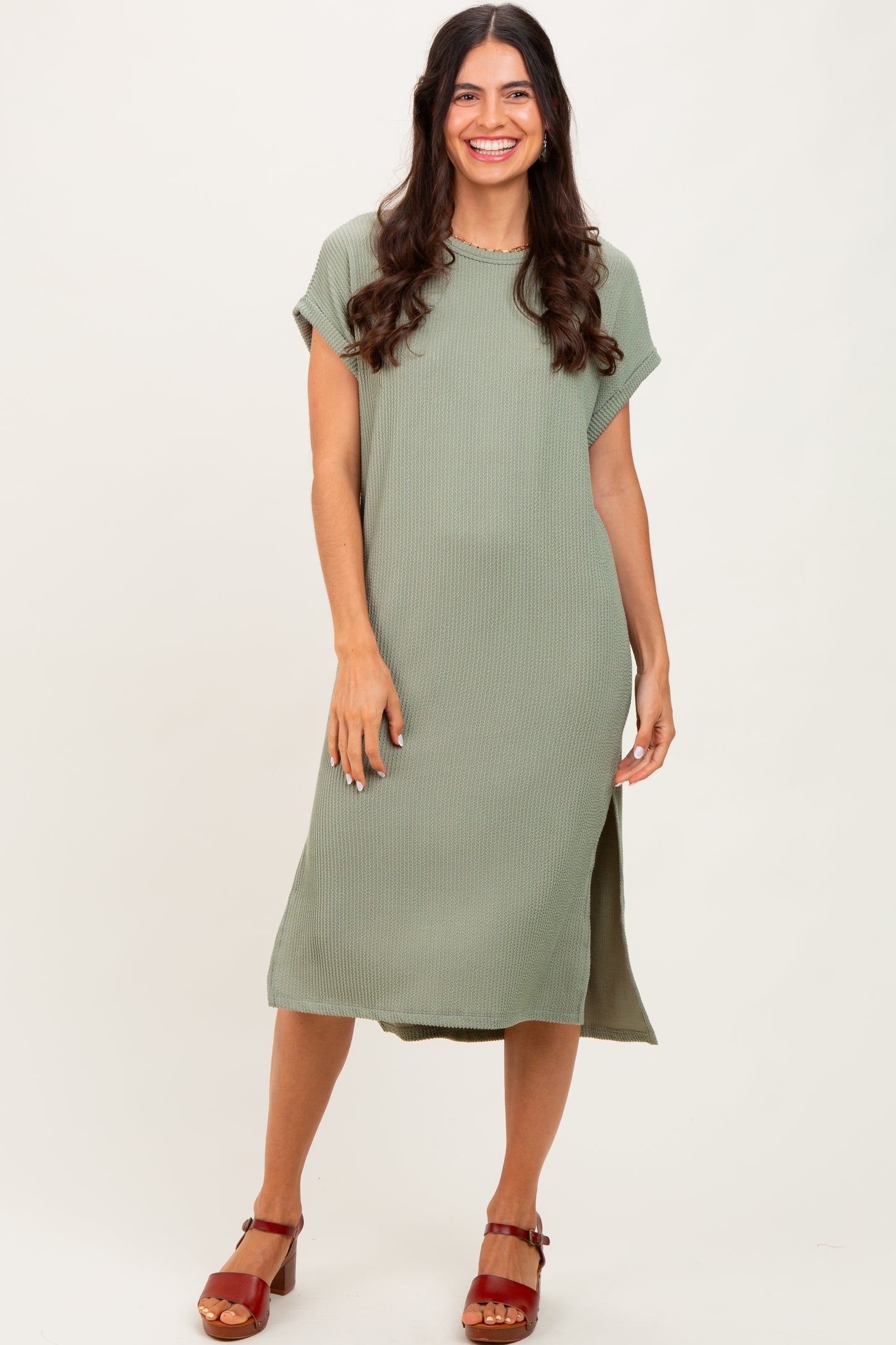 olive green short sleeve dress Olive Ribbed Short Sleeve Midi Dress PinkBlush