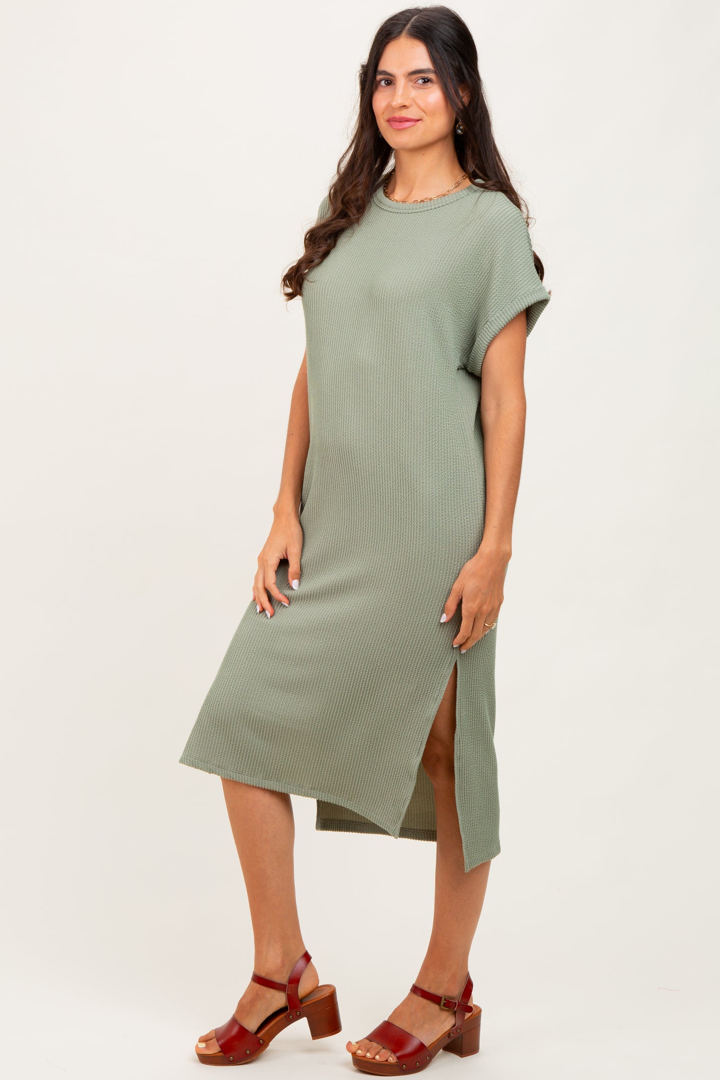 olive ribbed midi dress Liserie Timeless Olive Green Halter Knit Midi Dress With Side Slit