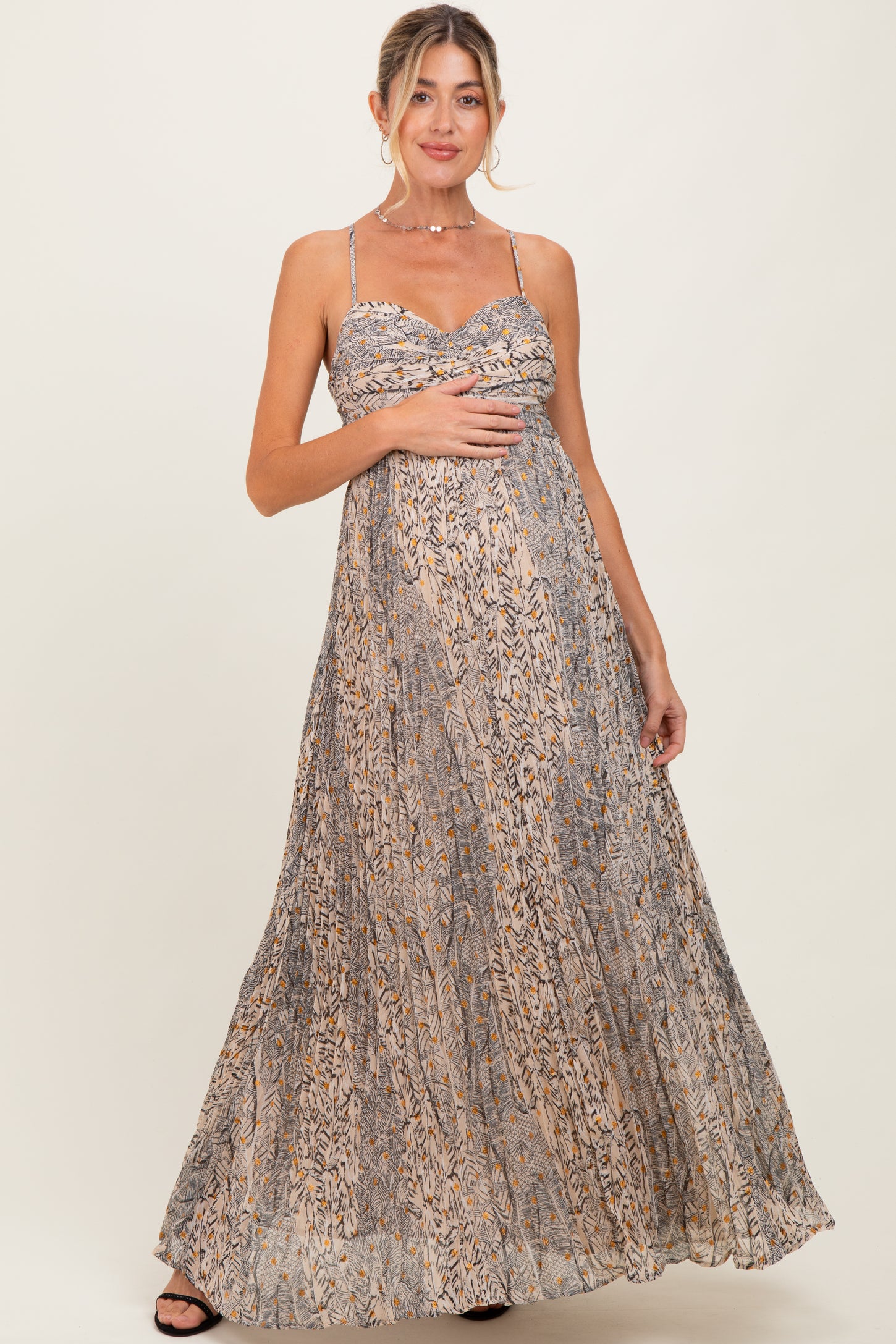 Beige Floral Cutout Tie Back Maternity Maxi Dress