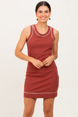Rust Contrast Stitch Sleeveless Maternity Mini Dress