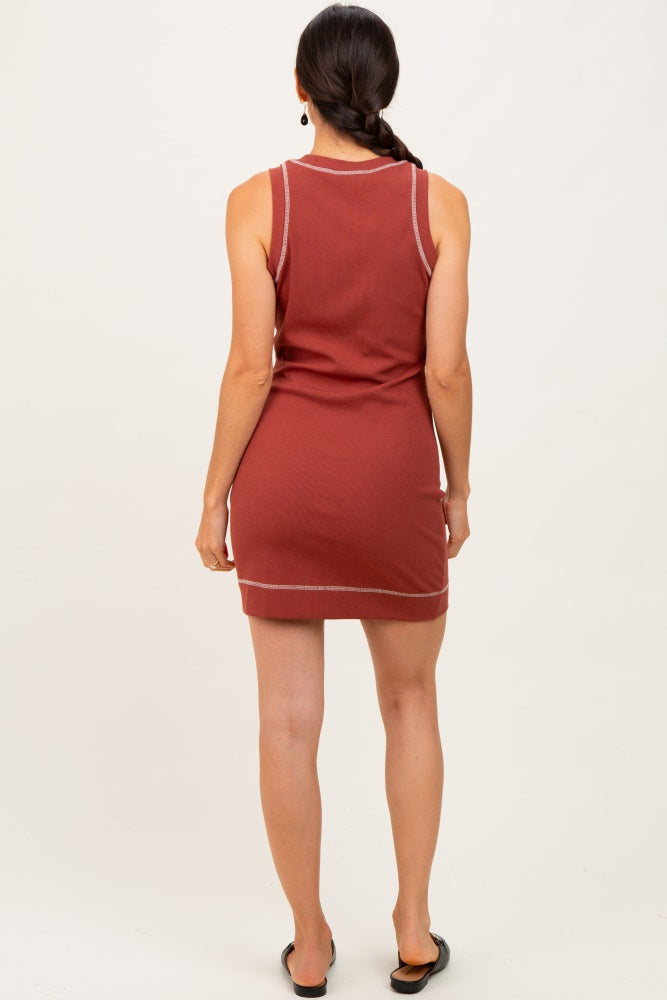 Rust Contrast Stitch Sleeveless Mini Dress