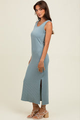 Blue Ribbed Side Slit Maxi Dress
