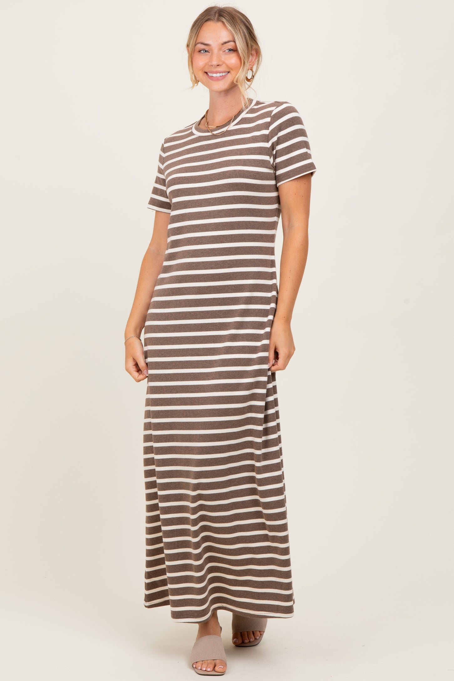 knee length dresses for ladies Cotton Blue Stripe Short Sleeve Maxi Dress - All Dresses