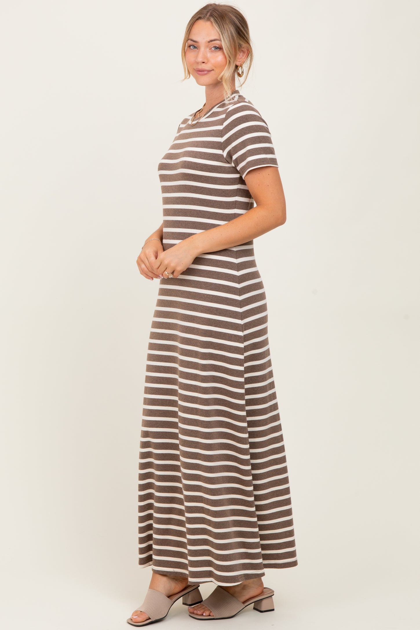 Brown Striped Short Sleeve Midi Dress