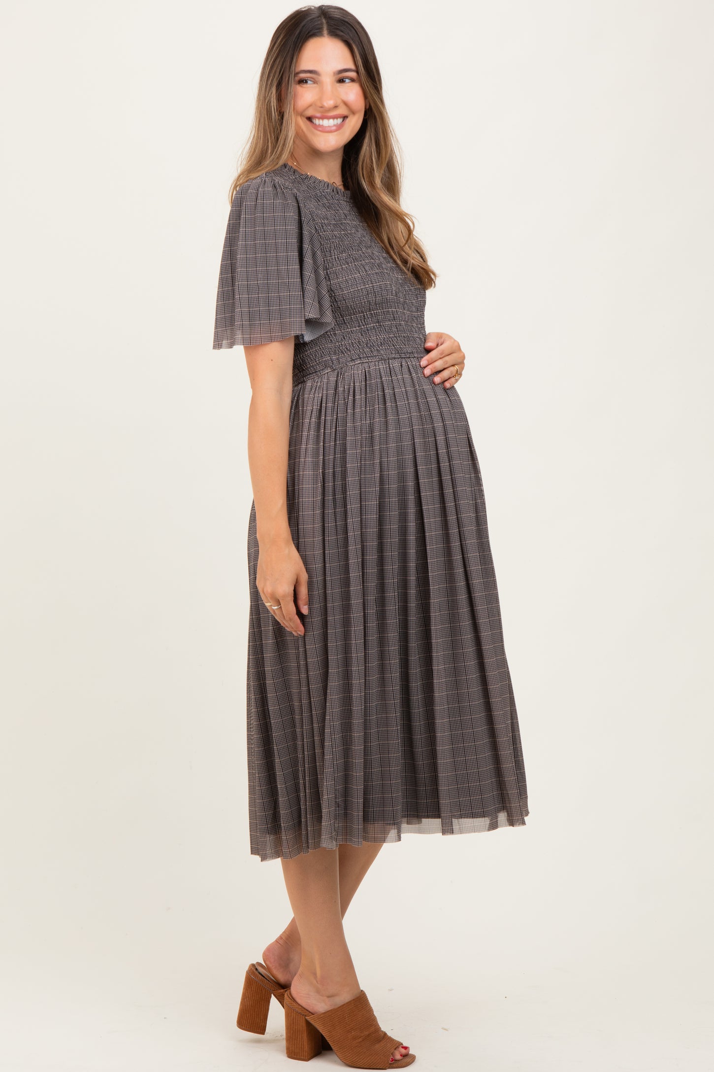 Black Plaid Smocked Mesh Maternity Midi Dress