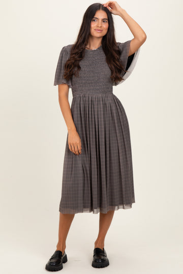 Black Plaid Smocked Mesh Midi Dress