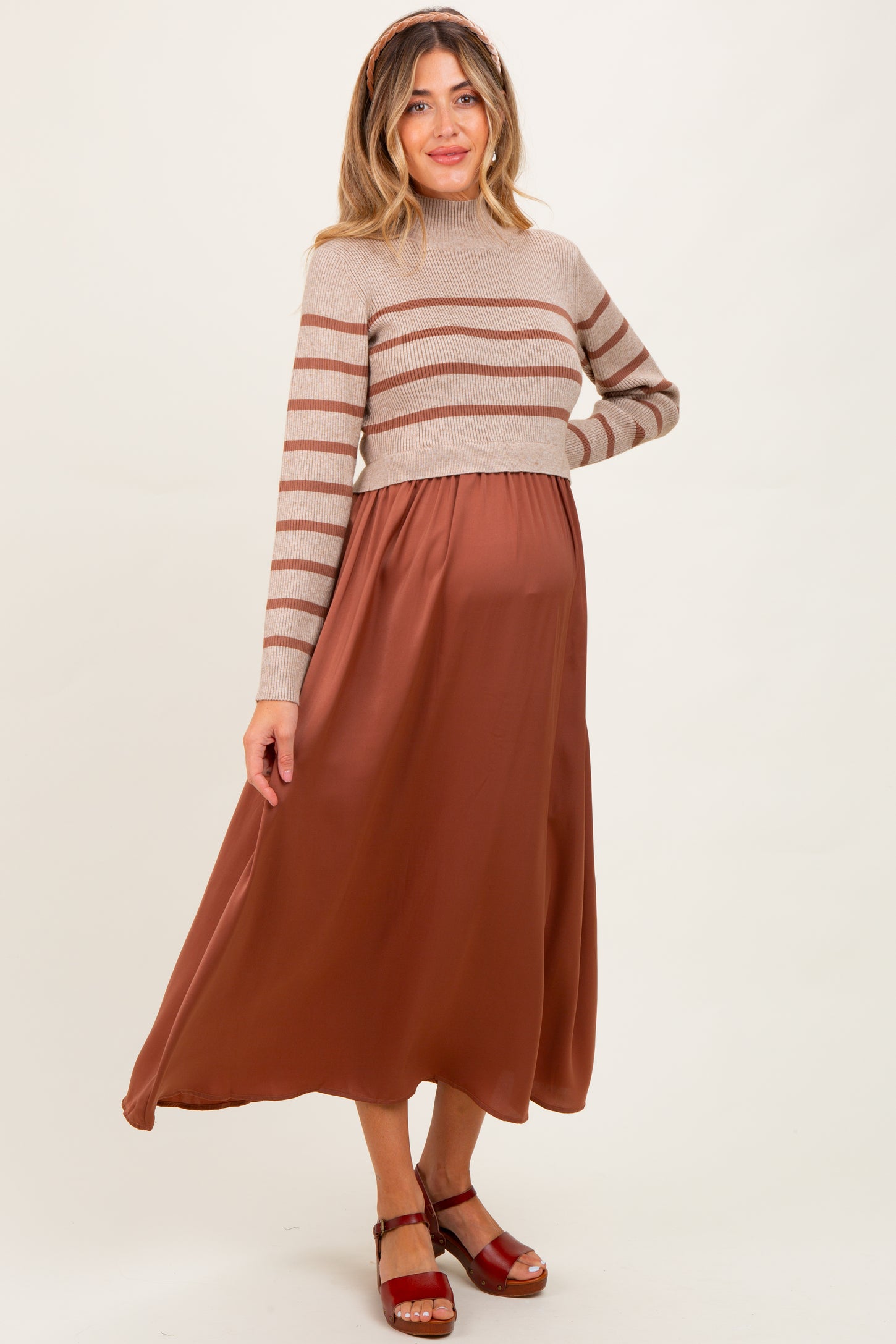 Brown Striped Contrast Sweater Top Maternity Maxi Dress Brown Striped Contrast Sweater Top Maternity Maxi Dress