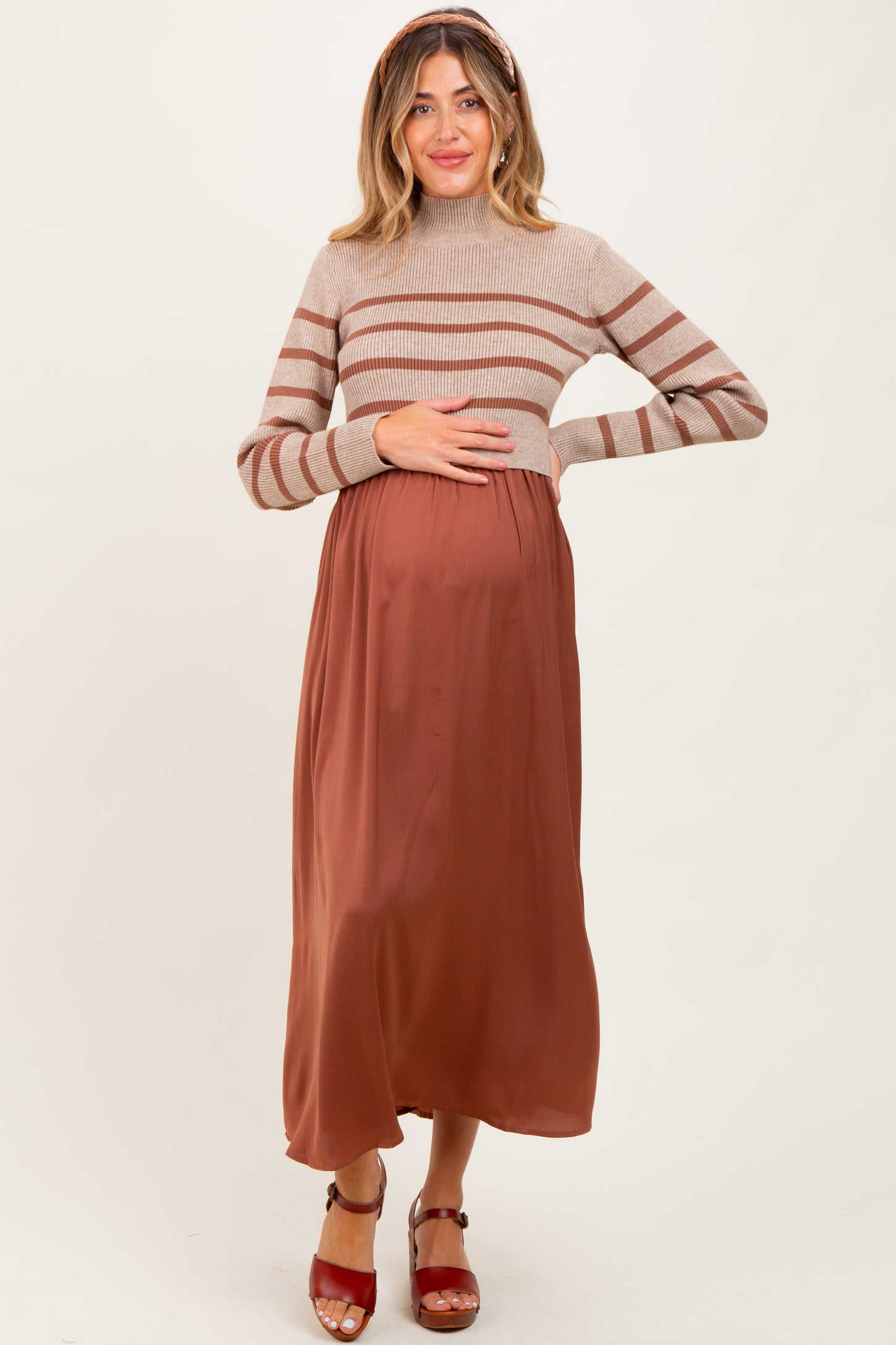 Brown Striped Contrast Sweater Top Maternity Maxi Dress PinkBlush Brown Striped Contrast Sweater Top Maternity Maxi Dress PinkBlush