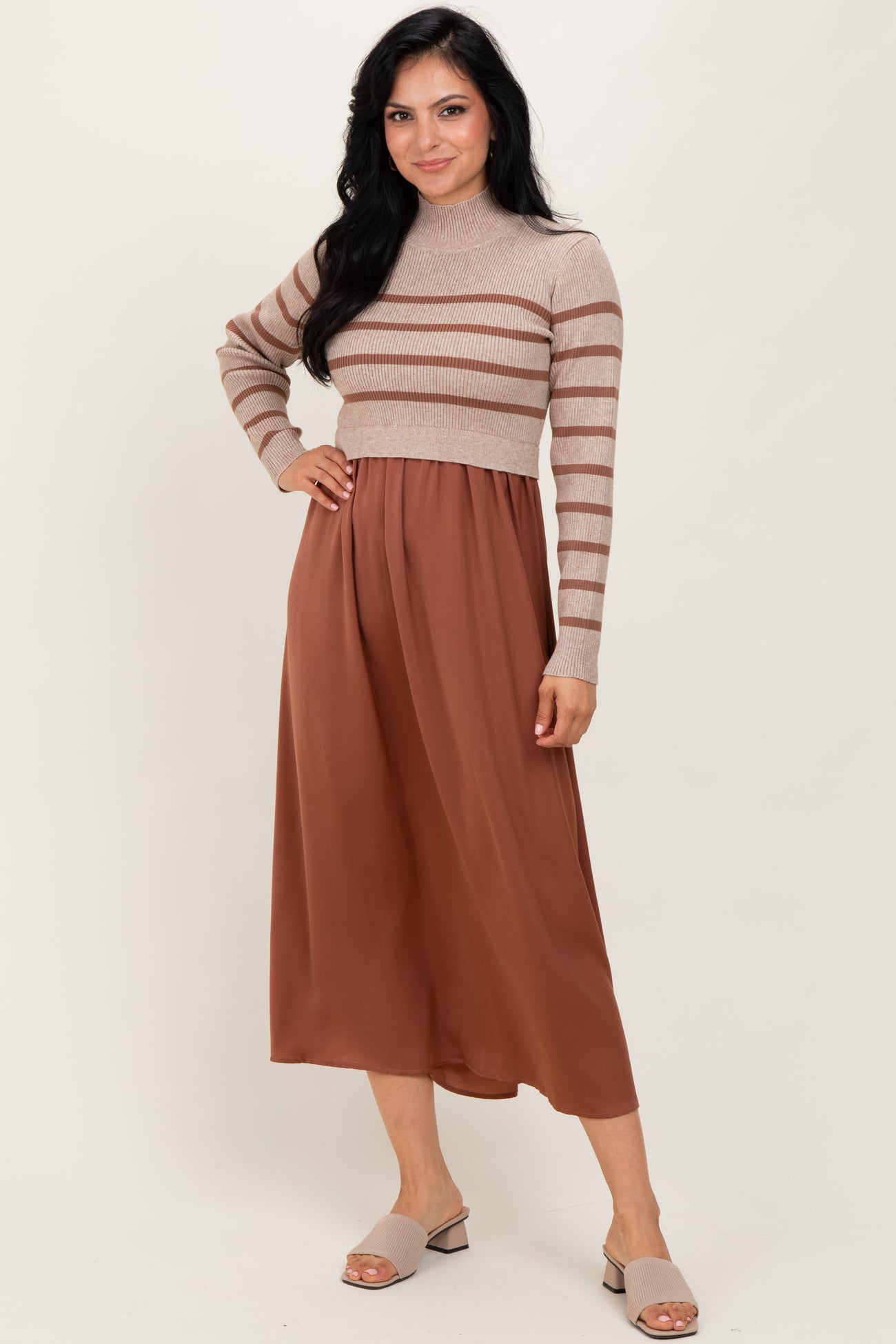 Brown Striped Contrast Sweater Top Maternity Maxi Dress – PinkBlush