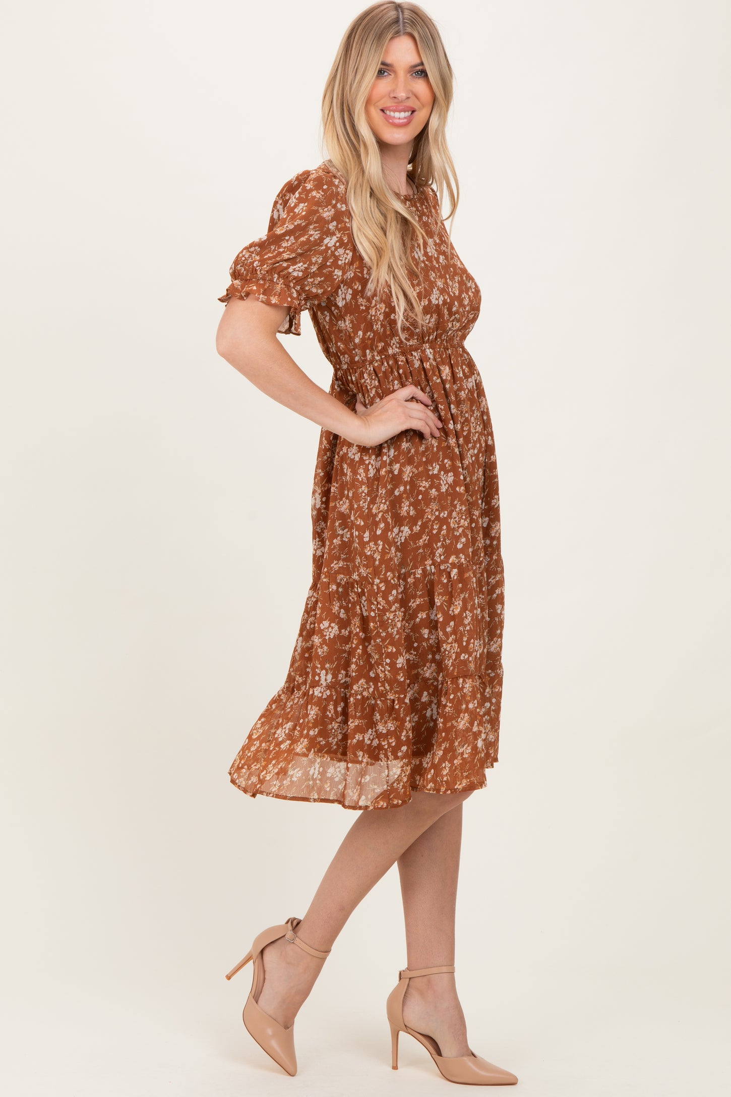 Rust Floral Short Sleeve Tiered Midi Dress