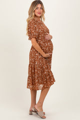 Rust Floral Short Sleeve Tiered Maternity Midi Dress