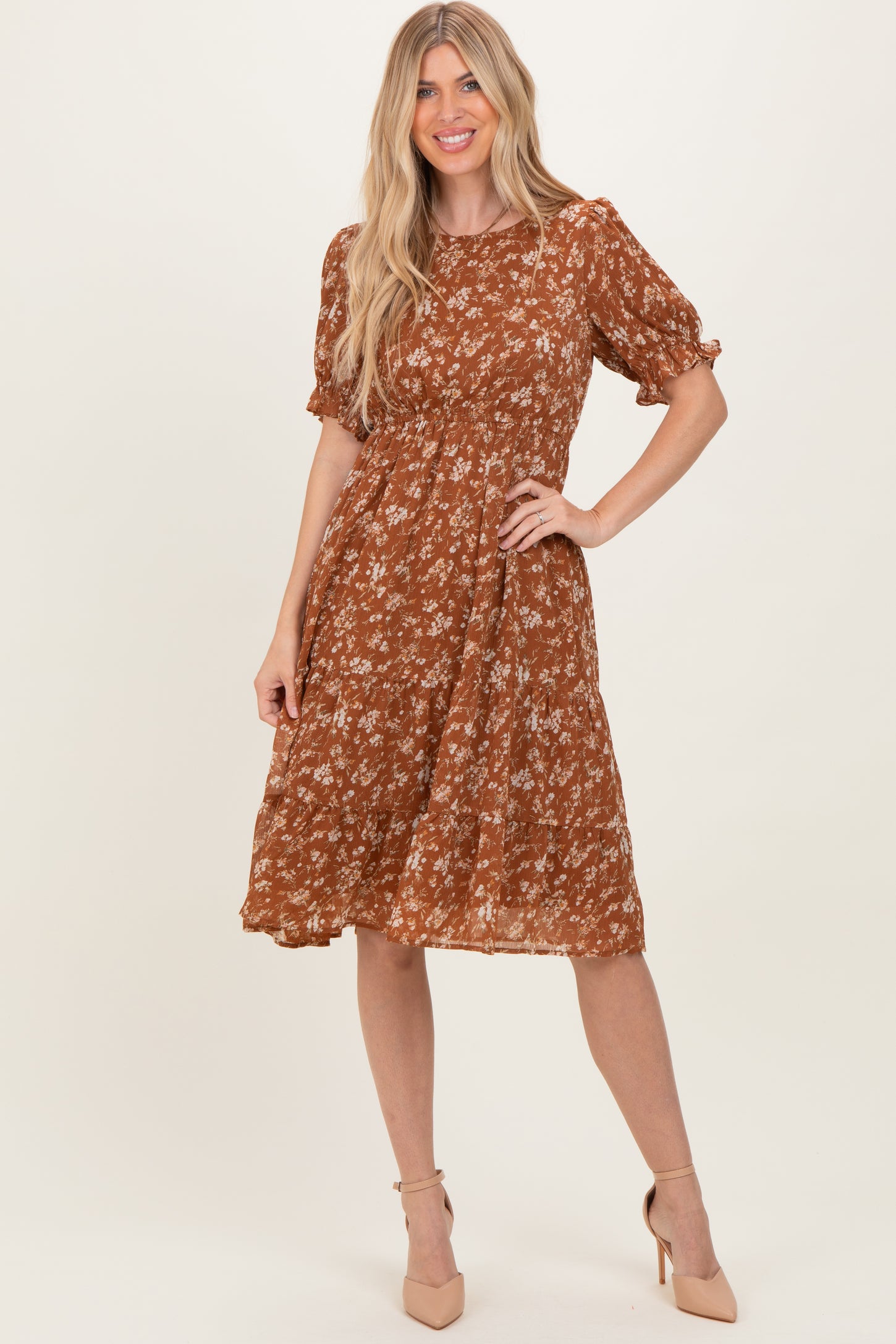 Rust Floral Short Sleeve Tiered Midi Dress – PinkBlush