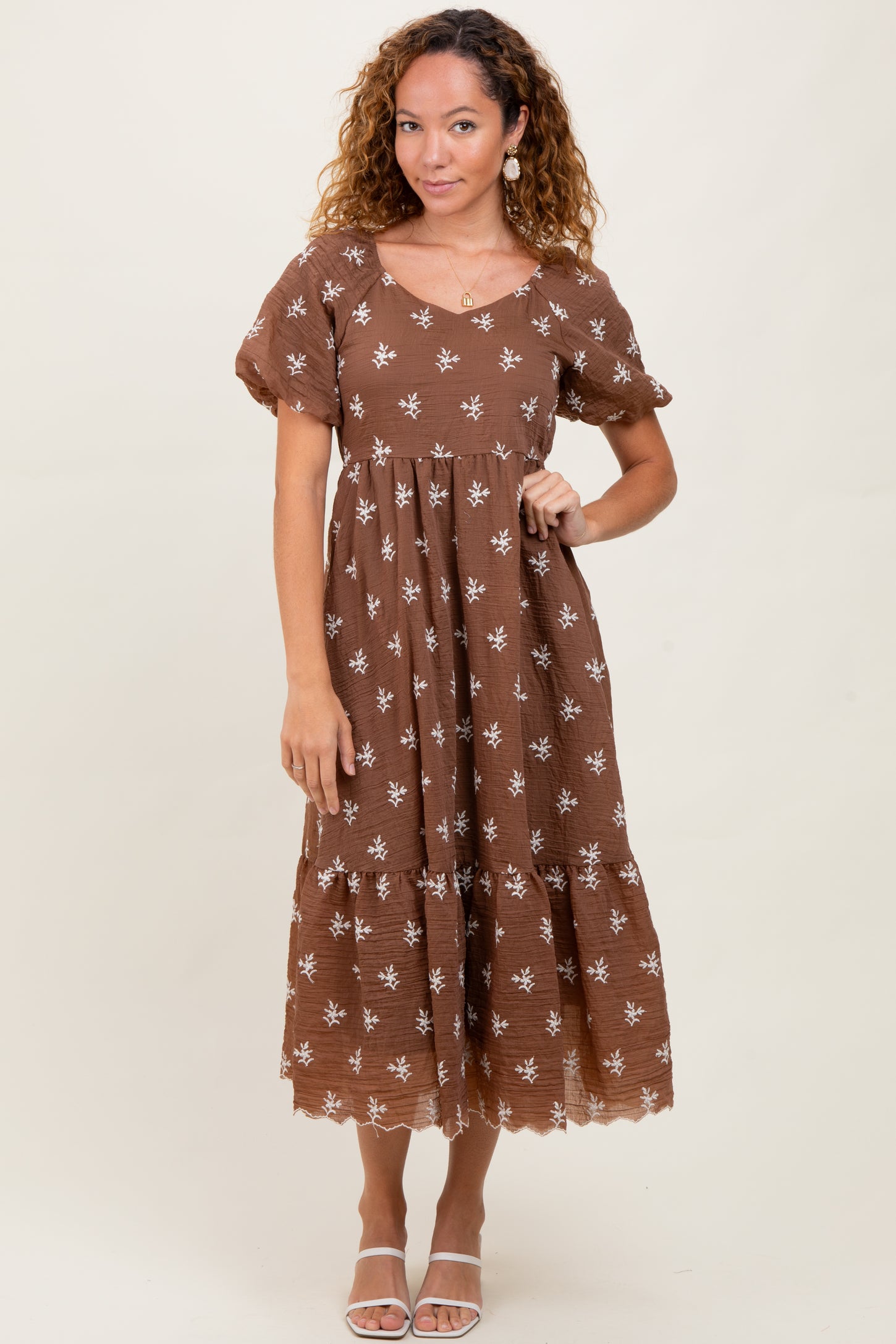Brown Floral Embroidered Tiered Midi Dress