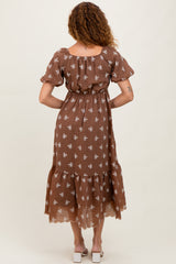 Brown Floral Embroidered Tiered Midi Dress