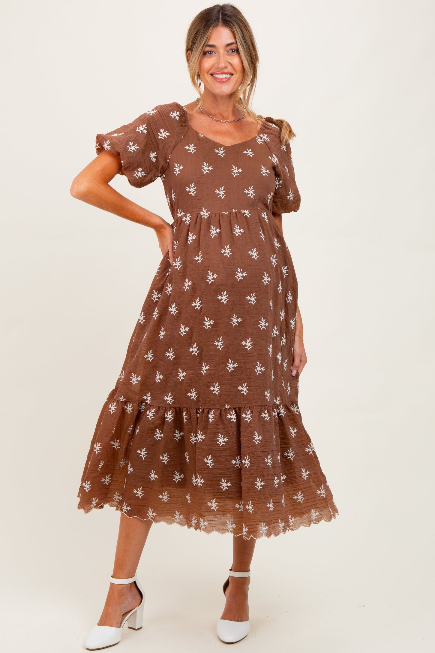 Brown Floral Embroidered Tiered Maternity Midi Dress Brown Floral Embroidered Tiered Maternity Midi Dress