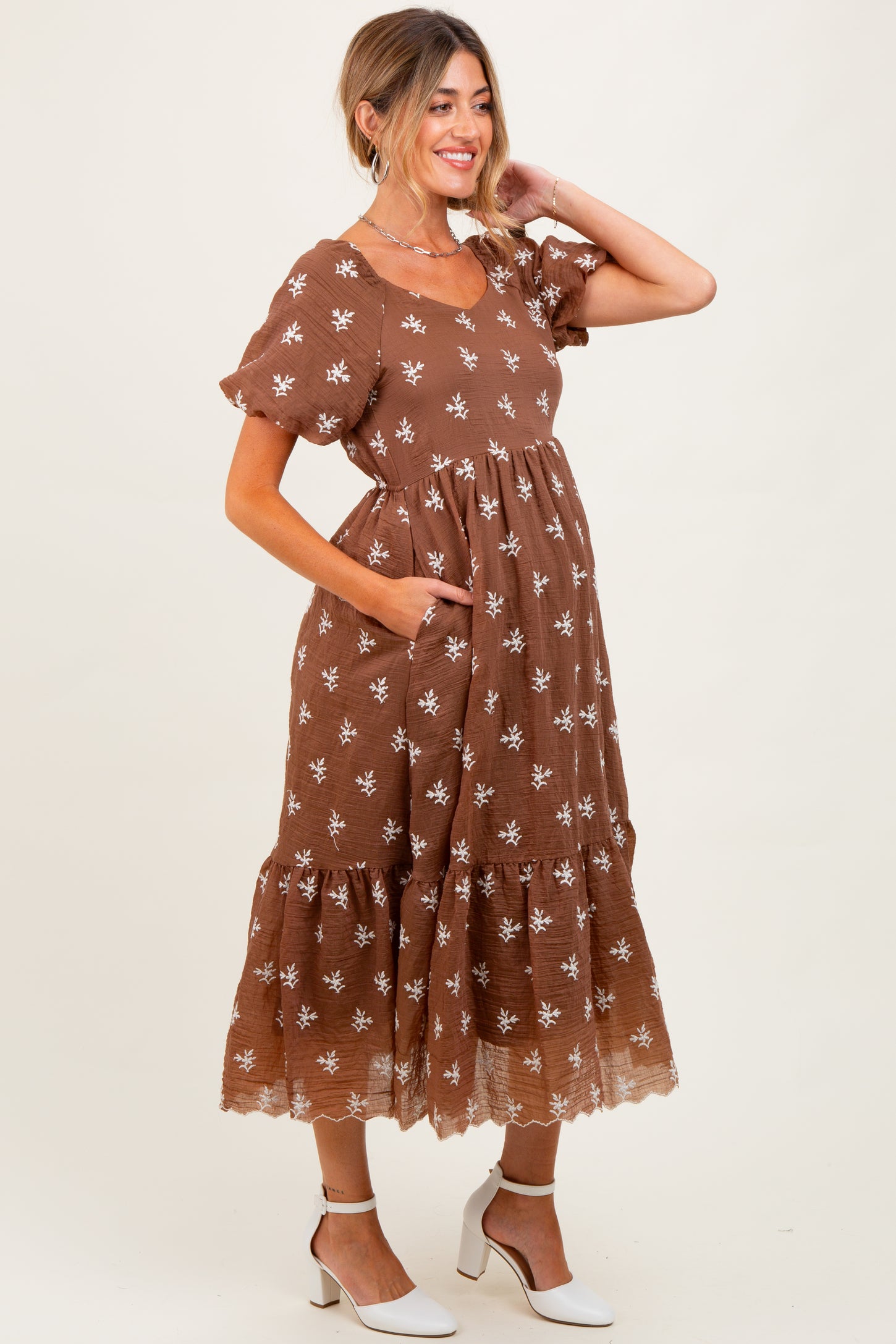 Brown Floral Embroidered Tiered Maternity Midi Dress PinkBlush Brown Floral Embroidered Tiered Maternity Midi Dress PinkBlush