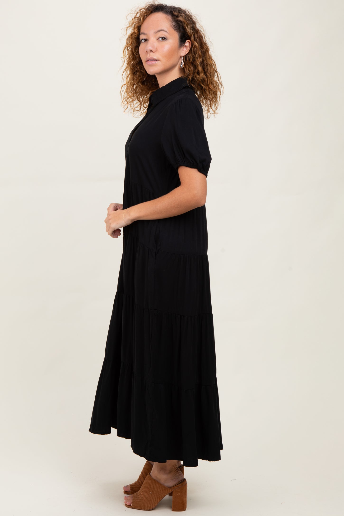 Black Collared Button Down Tiered Midi Dress
