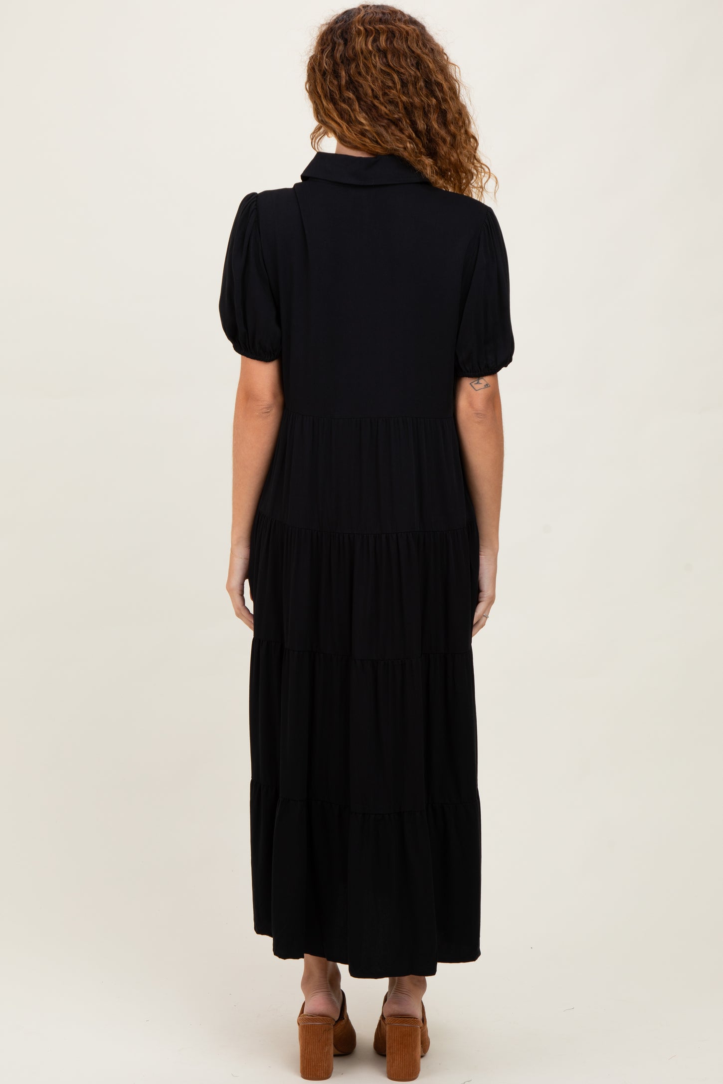 Black Collared Button Down Tiered Midi Dress