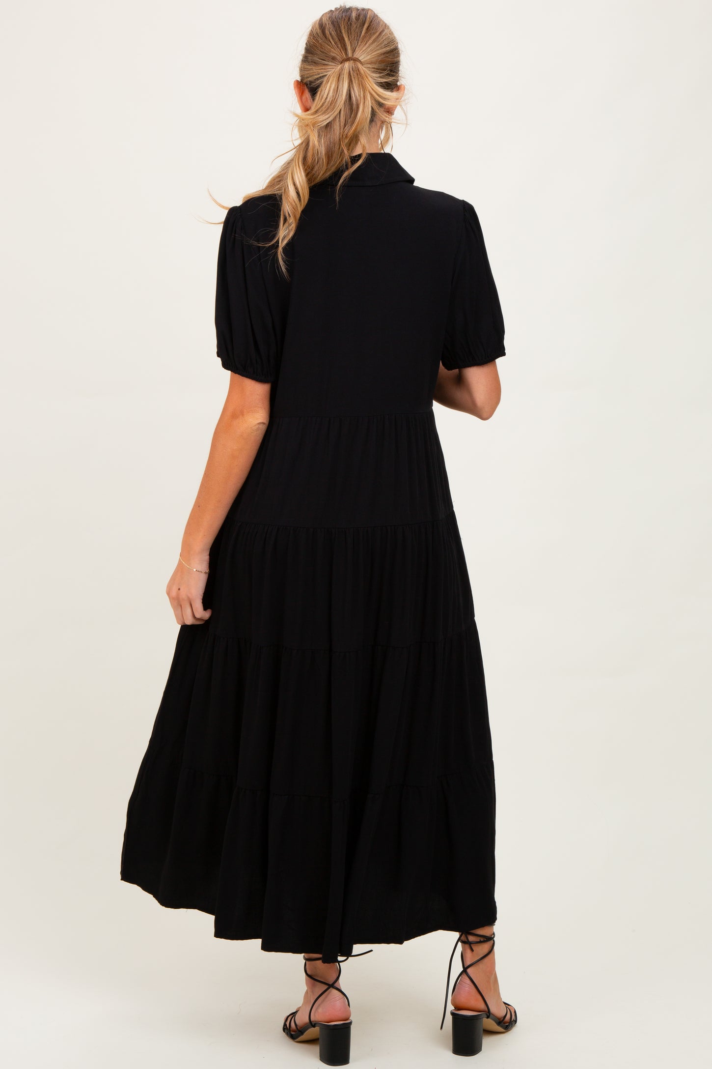 collared black midi dress Plus Size Button Up Lace Up Poplin Collar, Josephine Collar Midi Dress in Black, Size 2X, For Brunch