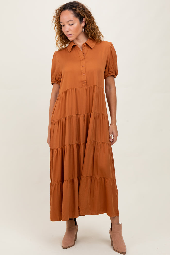 Camel Collared Button Down Tiered Maternity Midi Dress