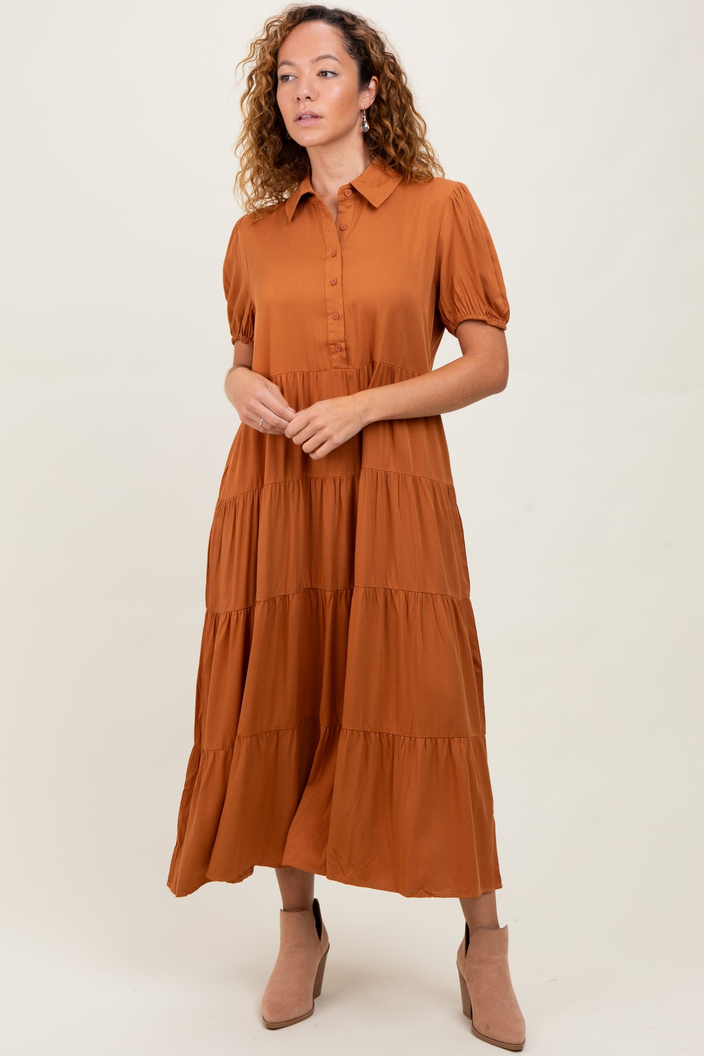 Camel Collared Button Down Tiered Midi Dress