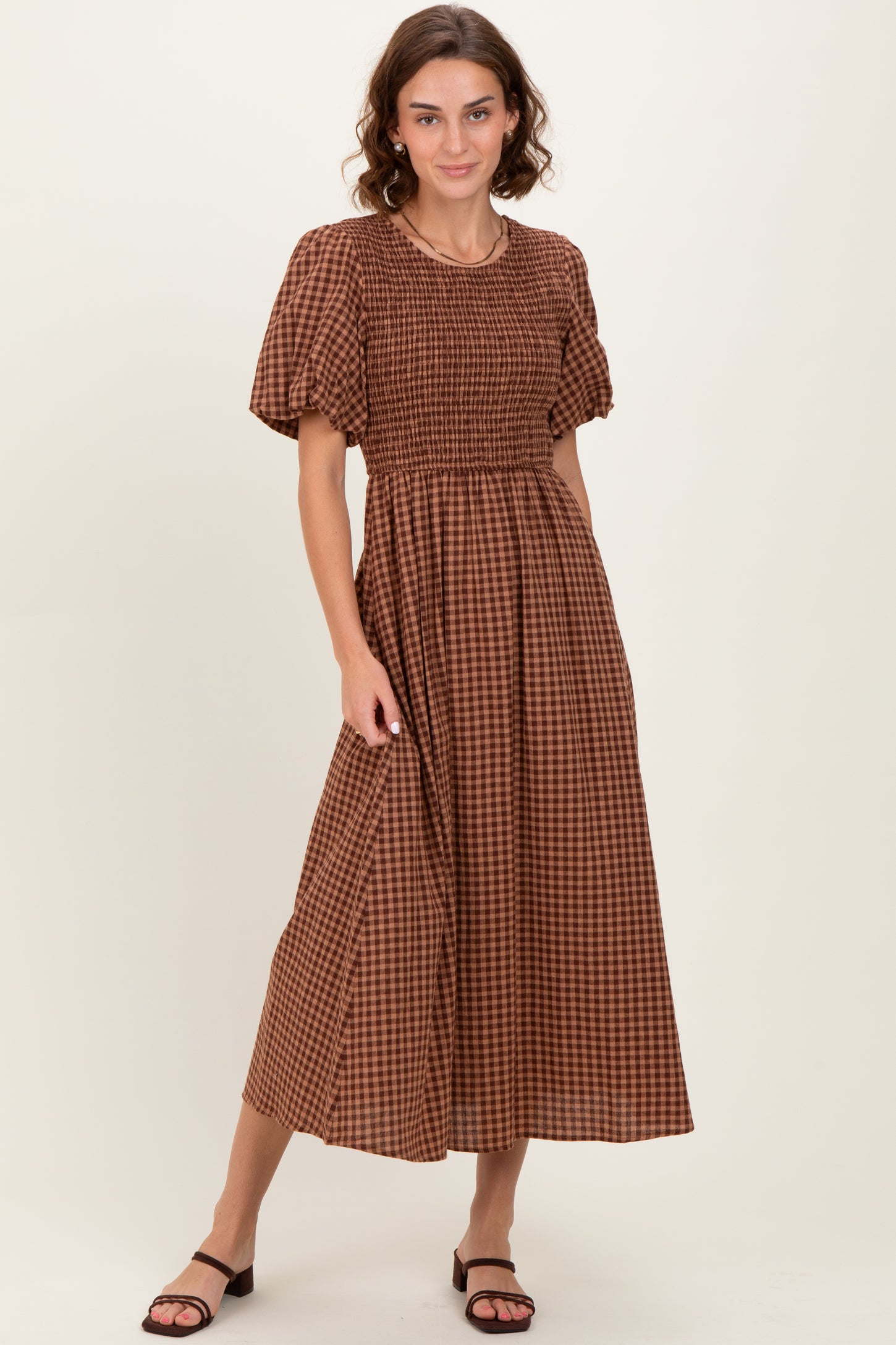 Brown Gingham Smocked Tiered Midi Dress PinkBlush Brown Gingham Smocked Tiered Midi Dress PinkBlush