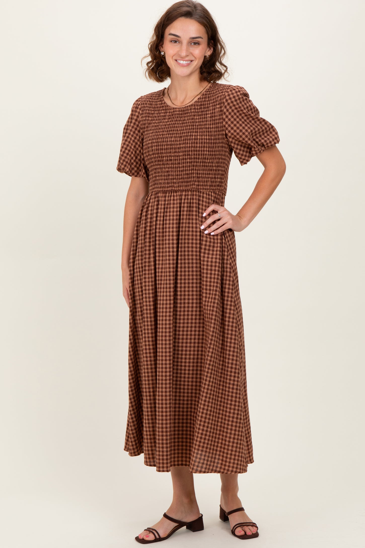 Brown Gingham Smocked Tiered Midi Dress PinkBlush Brown Gingham Smocked Tiered Midi Dress PinkBlush
