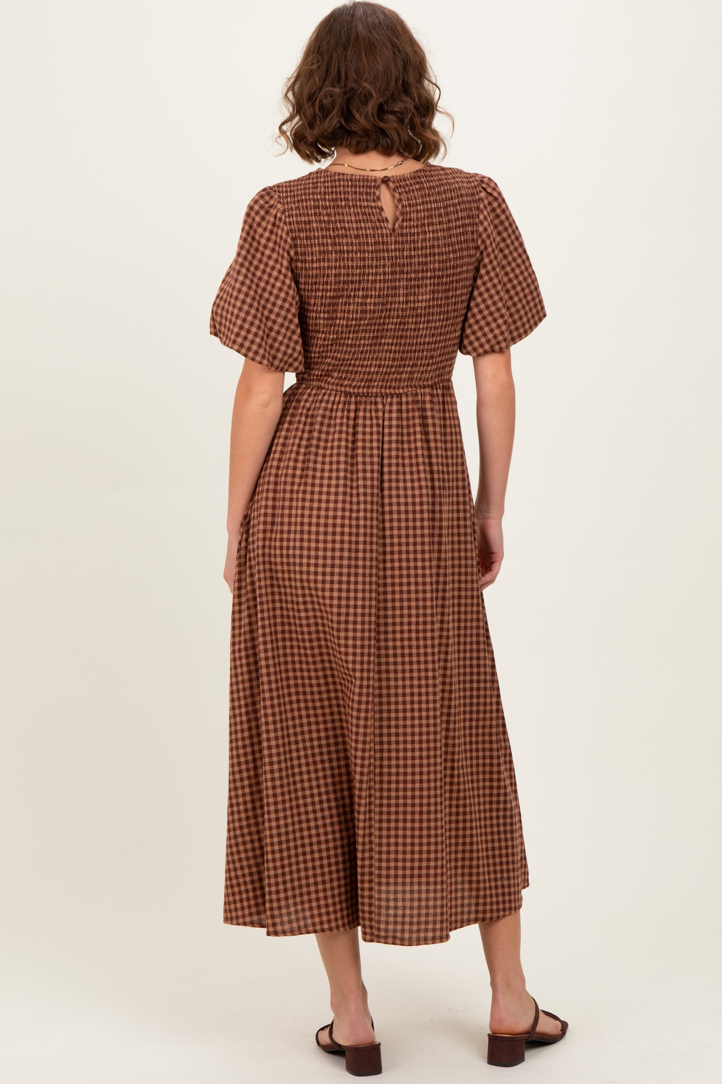 Brown Gingham Smocked Tiered Midi Dress – PinkBlush