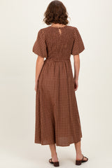 Brown Gingham Smocked Tiered Midi Dress