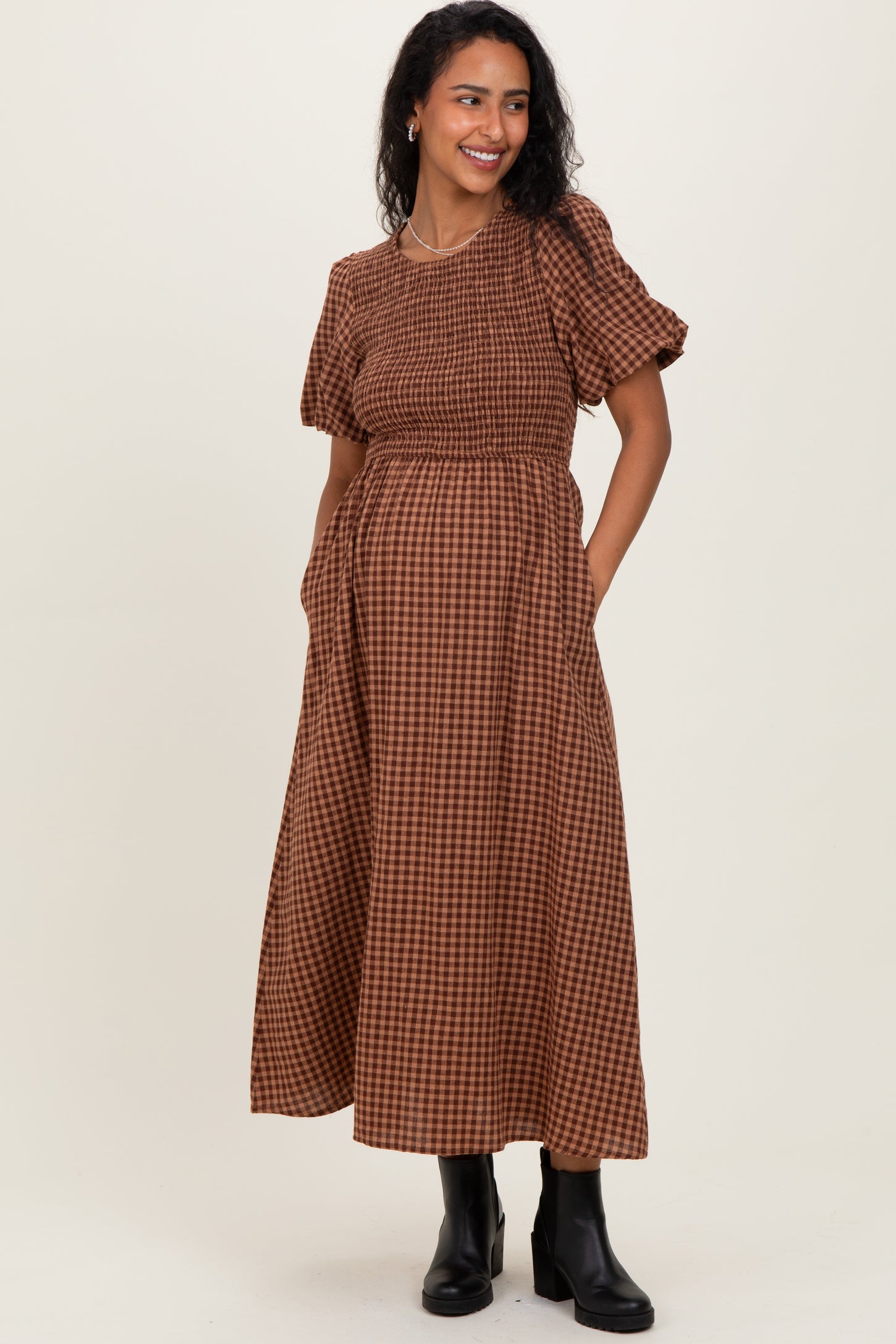 brown gingham maternity dress Brown Gingham Smocked Button Down Maternity Midi Dress PinkBlush